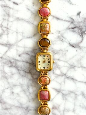 Kenneth Jay Lane Gold-Tone Bracelet Watch with Pink and Brown Accents